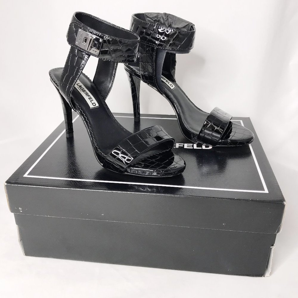 KARL Lagerfeld Oliva Black Pearlized Crocodile Heels 6.5 NIB